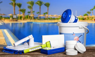 Equipment with chemical cleaning products and tools for the maintenance of the swimming pool.