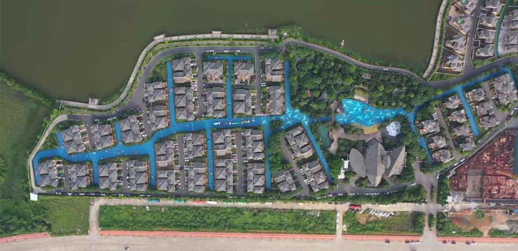 Aerial drone footage of Baodun Lake Hushan Hot Spring Resort.