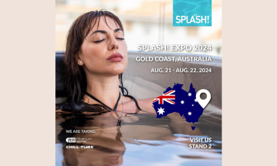 Woman relaxing in a hot tub. Showcasing the logo of Splash, the Austrailian tradeshow, with the a small picture of Australia, and the logos of Platinum Spas and Chill Tubs.