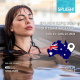 Woman relaxing in a hot tub. Showcasing the logo of Splash, the Austrailian tradeshow, with the a small picture of Australia, and the logos of Platinum Spas and Chill Tubs.